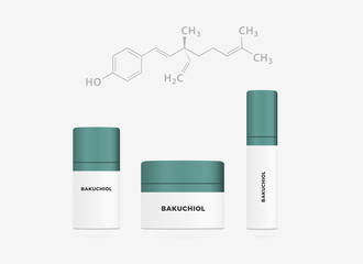 Bakuchiol - natural Retinol Alternative Meroterpene from Psoralea corylifolia healthy plant. Bottles cream with chemical formula.