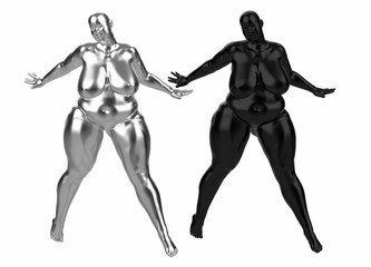 Fototapeta na wymiar Two plump naked girls made of silver and plastic. They stands spreading legs and arms in different directions. 3d illustration Concept. Example of obesity and healthy lifestyle issues. frontal view