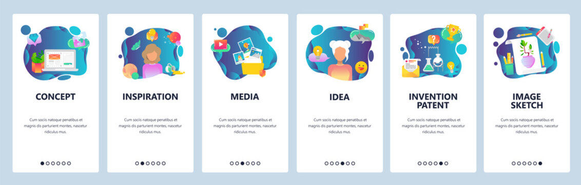 Mobile app onboarding screens. Creative idea, imagination and inspiration, art and science. Menu vector banner template for website and mobile development. Web site design flat illustration