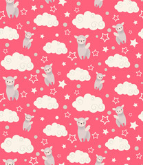 Semless vector pattern with cute winged llamas, clouds and stars. Childish texture suitable for wallpaper, wrapping and textiles