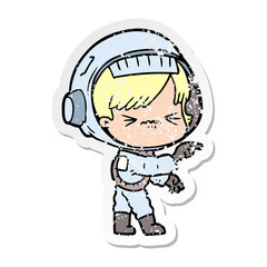 distressed sticker of a cartoon astronaut woman