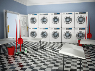 Laundry room with a large of washing machines and tumble dryers. 3D illustration