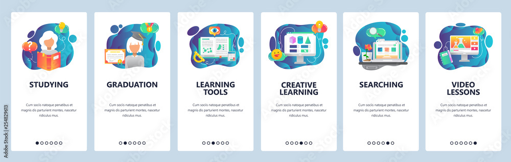 Aufkleber mobile app onboarding screens. studying, reading book, learning online tutorial. menu vector banner 