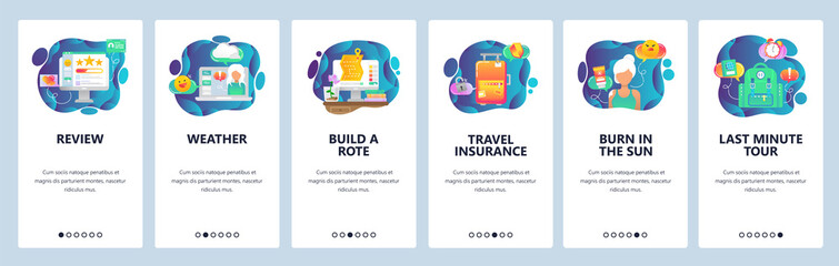 Mobile app onboarding screens. Planning vacation, travel insurance, hotel reviews. Menu vector banner template for website and mobile development. Web site design flat illustration