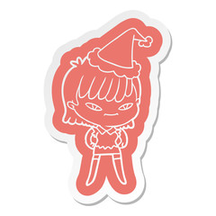 cartoon  sticker of a woman wearing santa hat