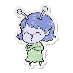distressed sticker of a cartoon alien girl laughing
