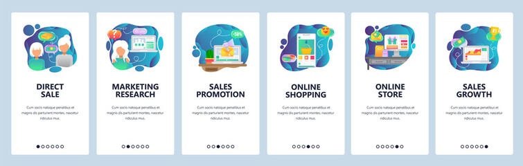 Mobile app onboarding screens. Online shopping, direct sales, marketing research and analytics. Menu vector banner template for website and mobile development. Web site design flat illustration