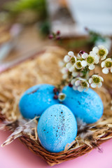 Fototapeta na wymiar Easter blue eggs with flowers in a wicker on a pink paper background