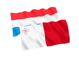 National fabric flags of Malta and Luxembourg isolated on white background. 3d rendering illustration. Proportion 1:2