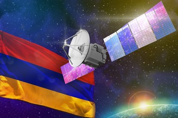 Space communications technology concept - satellite with Armenia flag, 3D Illustration