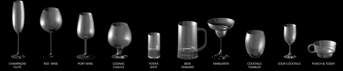 3D illustration of large set of various glasses for strong alcohol drinks and cocktails isolated on black, side-top view - drinking glass render