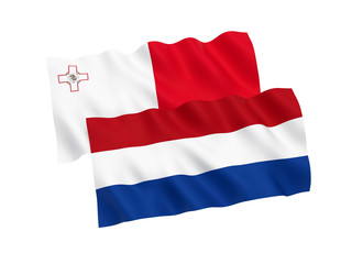 National fabric flags of Netherlands and Malta isolated on white background. 3d rendering illustration. Proportion 1:2