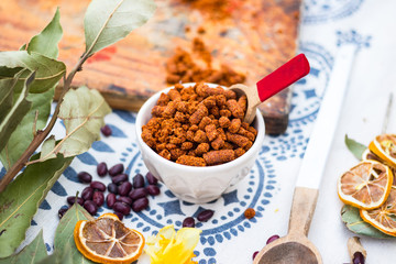 Dry hot megrelian adjika -  traditional Georgian spice from Samegrelo region with rock salt, herbs, spices and red chilly pepper.