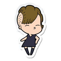 sticker of a cartoon squinting girl in dress