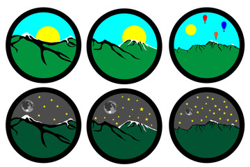 Set of three mountains day and night, aerostat