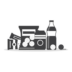 Snack product set in monochrome color, fast food snacks, drinks, nuts, cracker, juice isolated on white background. Flat illustration in vector