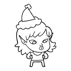 pretty line drawing of a elf girl wearing santa hat