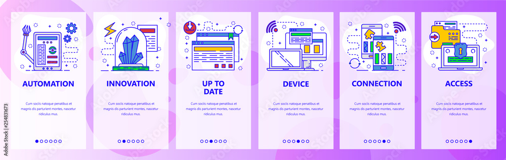 Poster mobile app onboarding screens. computer services, hardware and robot automation. menu vector banner 