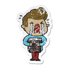 distressed sticker of a cartoon crying man