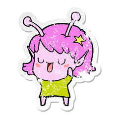 distressed sticker of a happy alien girl cartoon laughing