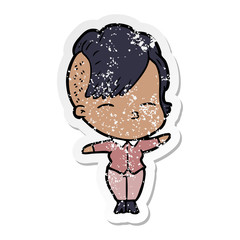 distressed sticker of a cartoon squinting girl
