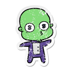 distressed sticker of a cartoon weird bald spaceman