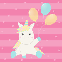 Obraz na płótnie Canvas Cute unicorn with balloons, isolated on pink striped background with stars. Greeting card template. Vector illustration