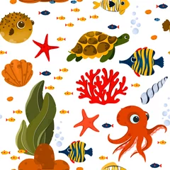 Papier Peint photo Sous la mer Modèle sans couture de la vie sous-marine. Modèle avec des poissons et des coraux mignons. Utilisation pour carte postale, impression, emballage, papiers peints, etc.
