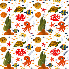 Underwater life seamless pattern. Pattern with cute fish and corals. Use for postcard, print, packaging, wallpapers etc. - 254832221