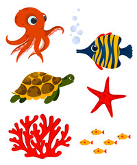 Underwater life elements. Cute ocean animals and corals. Use for postcard, print, packaging, etc. - 254832246