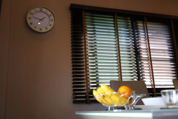 brown blind shade on window, interior design decoration in dining room
