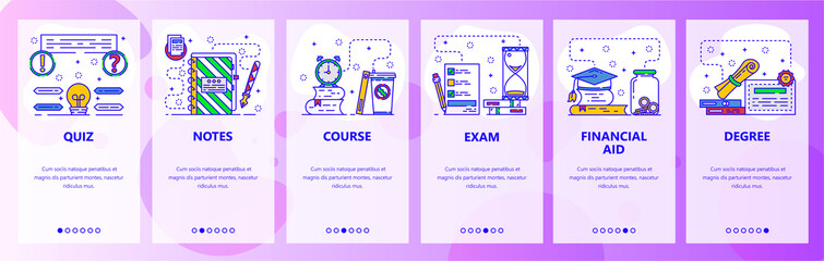 Mobile app onboarding screens. Education, college degree certificate, financial aid for study. Menu vector banner template for website and mobile development. Web site design flat illustration