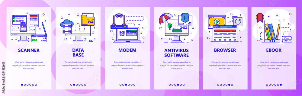 Aufkleber mobile app onboarding screens. computer hardware, router, printer, antivirus software. menu vector b
