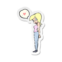 retro distressed sticker of a cartoon woman in love