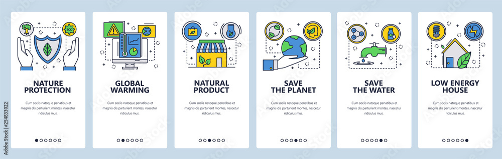 Aufkleber mobile app onboarding screens. environment, global warming and climate change, save the planet. menu