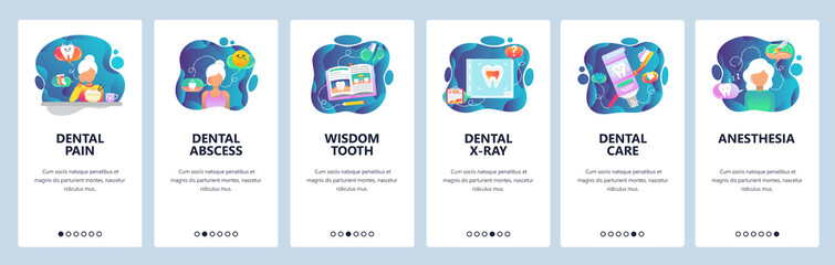 Mobile app onboarding screens. Dental clinic treatment, teeth pain, x-ray, wisdom tooth. Menu vector banner template for website and mobile development. Web site design flat illustration