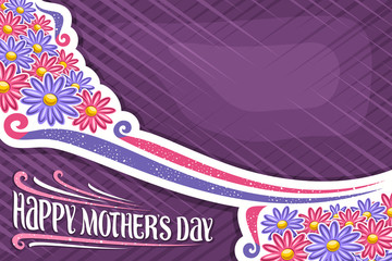 Vector greeting card for Mother's Day with copy space, cartoon blue and red flowers and original brush typeface for wishes words happy mothers day, place of purple color for congratulation quote text.