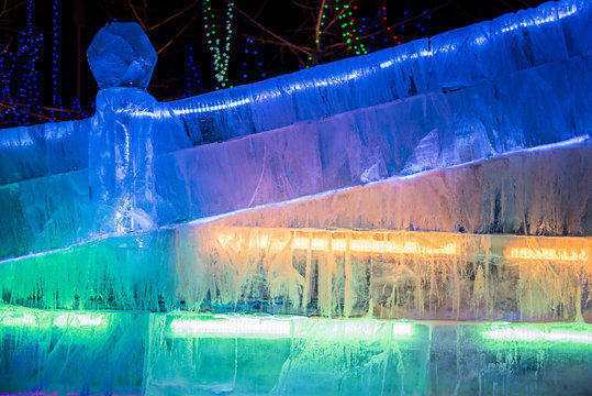 Night Scenery of Ice Sculptures in Urban Parks
