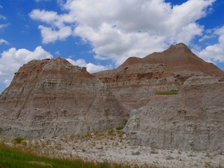 Close view of the intricate landscape and rock formations at the Badlands National Park in South Dakota.