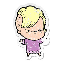 distressed sticker of a cartoon annoyed hipster girl