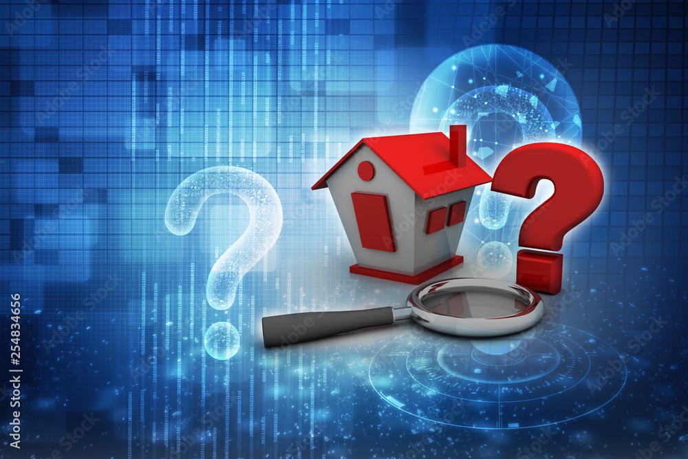Poster 3d rendering house and question mark symbol search concept