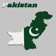 3d Map outline and flag of Pakistan, a white star and crescent on a dark green field, with a vertical white stripe at the hoist.