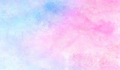 Grungy ink colors wet effect canvas aquarelle background. Fantasy smooth pastel light pink, purple and blue shades watercolor paper textured illustration for creative design, vintage card, templates
