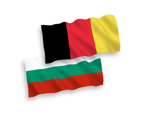 National vector fabric wave flags of Bulgaria and Belgium isolated on white background. 1 to 2 proportion.