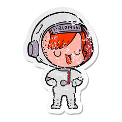 distressed sticker of a cartoon astronaut woman