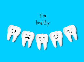 Cute cartoon teeth character smiling. Dental care concept. Vector illustration isolated on blue background.