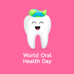 World oral health day icon design. Cute cartoon tooth character. Dental care concept, Vector illustration isolated on pink background.