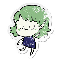 distressed sticker of a happy cartoon elf girl wearing dress