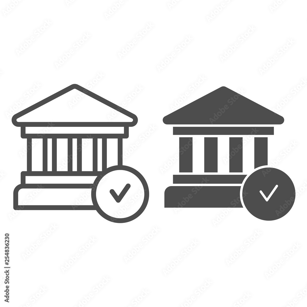 Poster bank with check line and glyph icon. architecture with tick vector illustration isolated on white. v