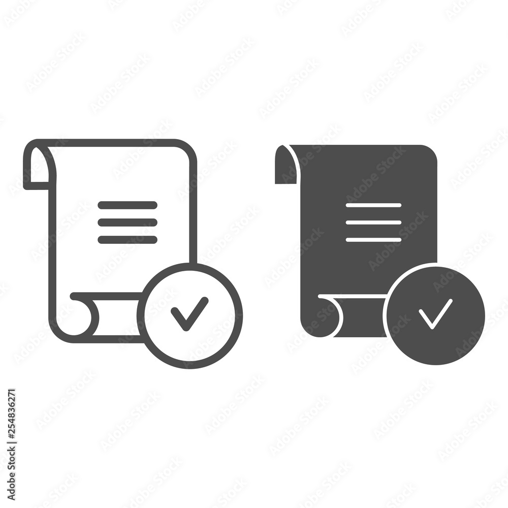 Poster sheet with check mark line and glyph icon. document with tick vector illustration isolated on white.